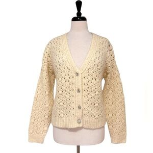 Industry Rhinestone Button Open Knit V-Neck Cardigan